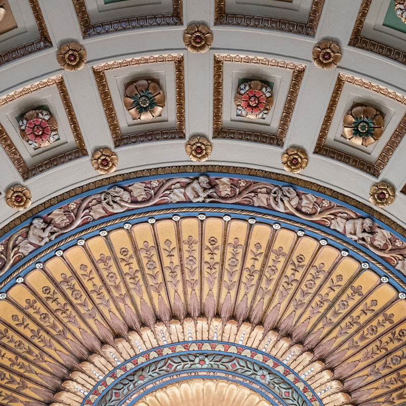 Colorful architectural designed ceiling of a campus building.