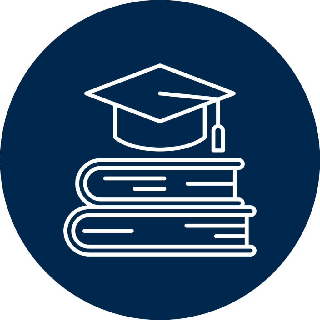 Icon of a graduation cap on top of a stack of books within a blue circular background.