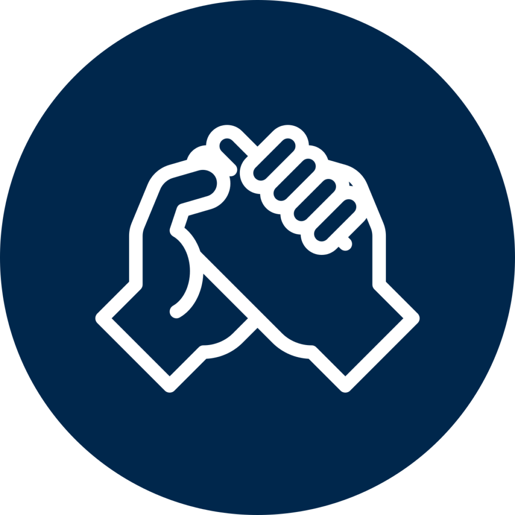 Icon of two hands clasping one another on a blue circular background.