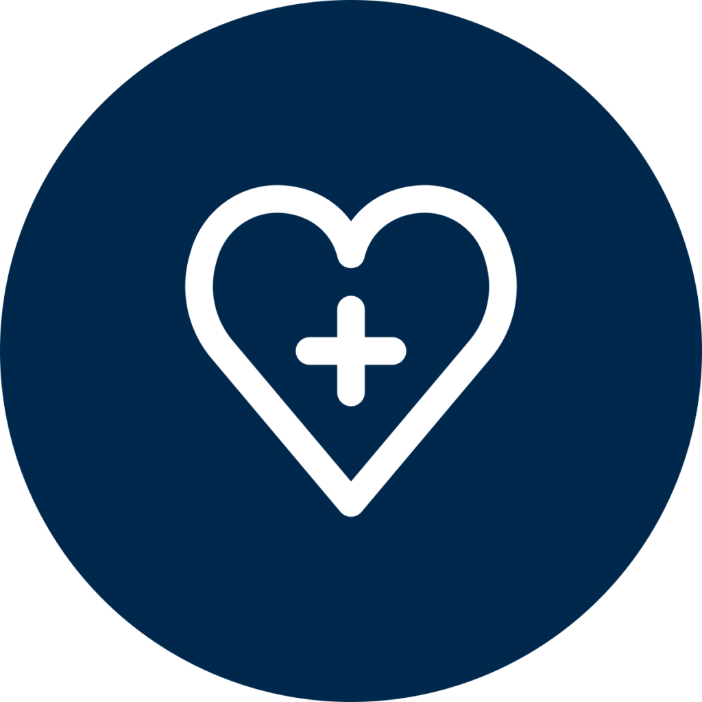 Icon of a heart with a plus sign inside of it within a blue circular background.